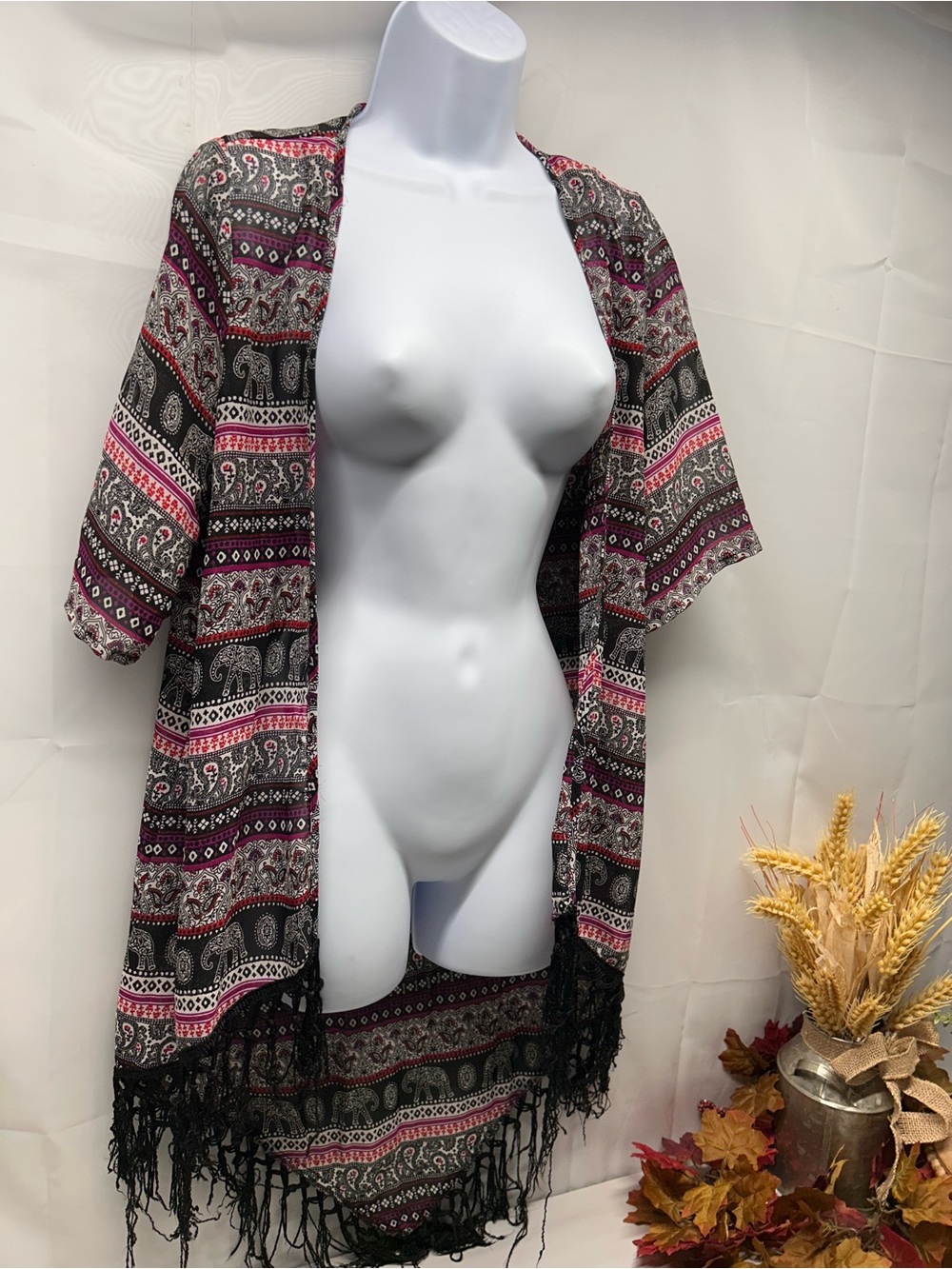 Rue21 Pink, Black & Cream Elephant Print Fringe Kimono